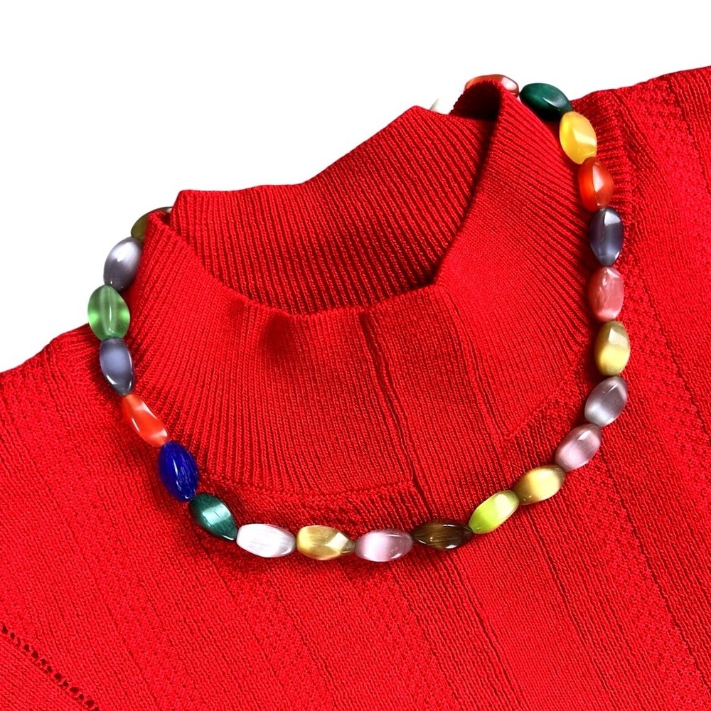 Rainbow Multicolor Cat's‎ Eye Style Beaded Necklace Oval Beads 18" Lobster Clasp